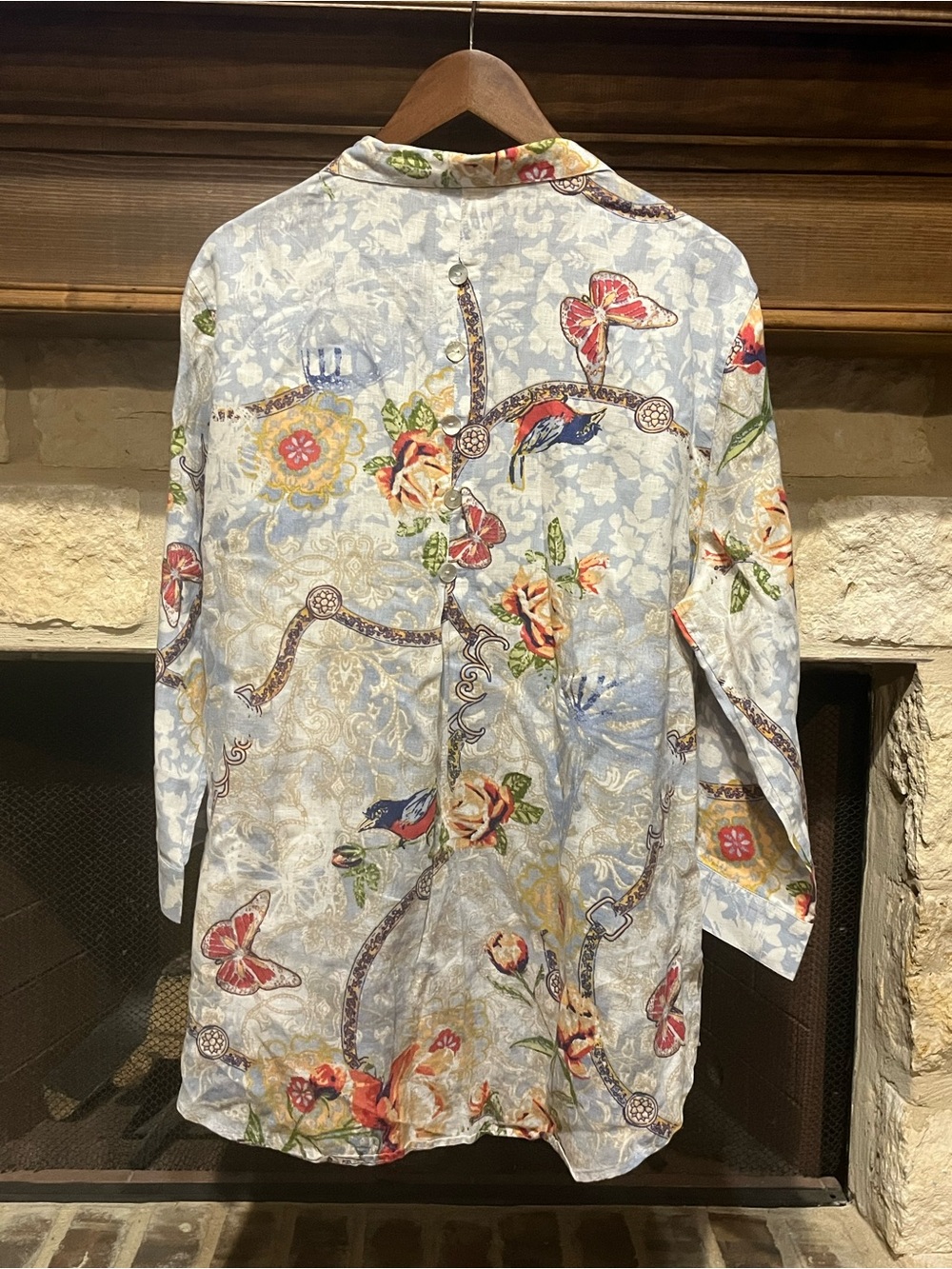John Mark Linen Butterfly Floral Tunic Blouse Size L - Picture 5 of 7